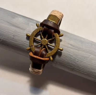 Pulsera Apilable Unisex Vintage Cuero Marrón Rueda Náutica Azul Marino, 8 pulgadas Foto 1 de 4