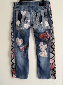 Boyfriend Jeans Upcycled Distressed Reworked Patchwork Altered Festival Boho - Picture 1 of 18