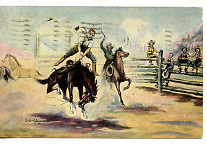 First Experience-Cowboy-Bucking Horse-Signed L H Dude Larsen Vintage Postcard
