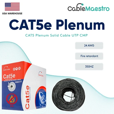 Plenum CAT5e 1000ft CMP Network LAN Ethernet Solid Cable Box Wire 24 AWG Bulk - Image 1 of 2