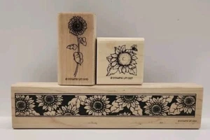 Lote de 3 estampillas de goma montadas estampillas de borde de girasol - Imagen 1 de 4