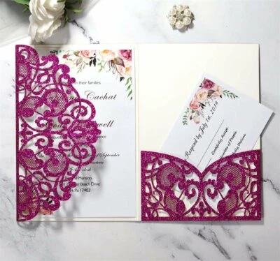 Conjunto de convite de casamento romântico laser glitter oco corte com envelopes cartão faça você mesmo - Imagem 1 de 4