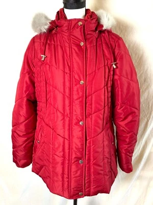 Chaqueta acolchada roja con capucha de piel Susan Graver para mujer talla L cremallera completa usada en excelente estado Foto 1 de 4