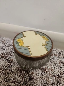 Vintage Art Deco Ribbed Glass Vanity Powder Jar Trinket Dish Beige Floral Lid - Picture 1 of 8