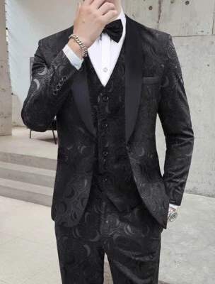 Traje Jacquard Negro Hombre Esmoquin Un Pecho Mantón Solapa Personalizado Boda Foto 1 de 4