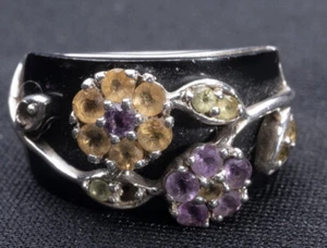 Purple Amethyst, Yellow Citrine With 925 Real Silver Black Enamel Flower Ring - Picture 1 of 2