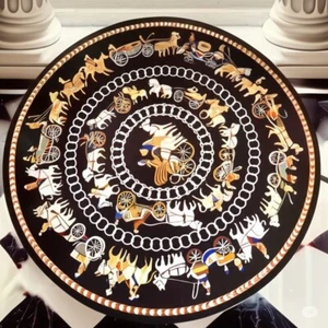 36" Round Mythological Inlay Tabletop in Black Marble with Chariot Design - Picture 1 of 11