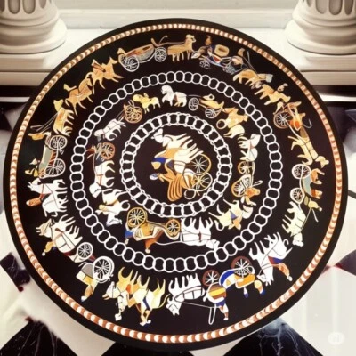 36" Round Mythological Inlay Tabletop in Black Marble with Chariot Design - Image 1 of 4