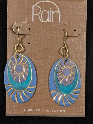 Pendiente colgante tribal costero ovalado disco metálico verde azul estilo artesanal Foto 1 de 4