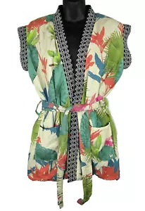 Balkanica Tropical Print Short Kimono Wrap Robe One Size Terry Lined Multicolor - Picture 1 of 8