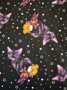 HALLOWEEN PURPLE CATS PUMPKINS ON BLACK HALLOWISHES BY BLANK QUILTING Fabric HY - Picture 1 of 7