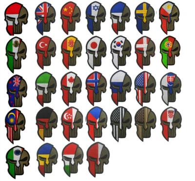 Embroidered Skull Helmet Countries Flag Tactical Hook Loop Patch Fastener Badge - Image 1 of 3
