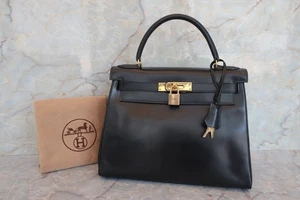 HERMES Kelly 28 Box Calf Handbag Black Circle M (1983) - Picture 1 of 24