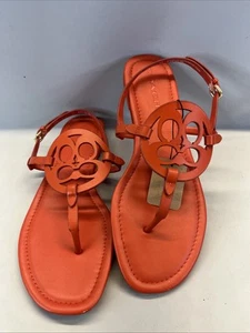 Coach Jaci Logo Slingback Women's Sz 9 Mango Leather T-strap Flat Sandals - Picture 1 of 12