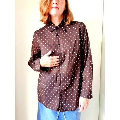 Jones New York Womens Polka Dot blouse Size 1X Brown White Fall Fashion Cotton - Image 1 of 4