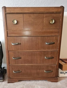 Vintage MCM Huntingburg Furniture Wood Art Deco Waterfall Chest Of Drawers - Picture 1 of 9