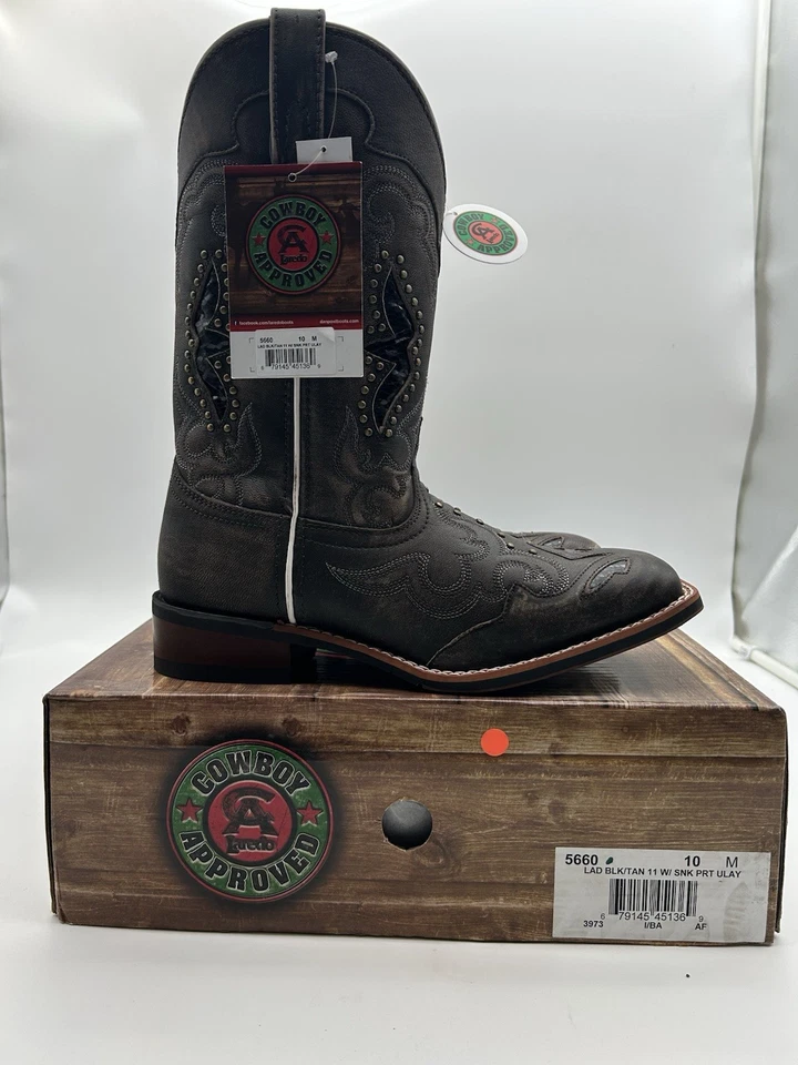 LAREDO Women's 5660 SPELLBOUND 11" Square Toe Western Boot Blacktan Size 10 M