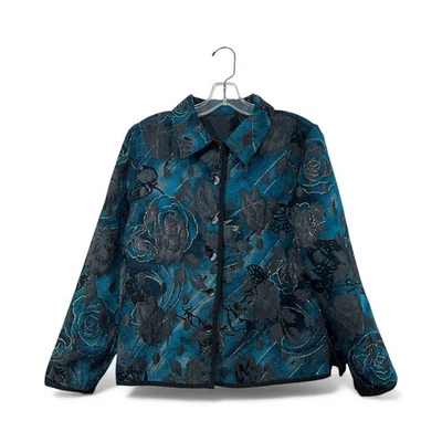 Chaqueta acolchada floral reversible para mujer talla M verde azulado negro rosa brocado oscuro romance Foto 1 de 4