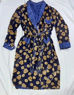 VTG MCM Men Velvet Robe Smoking Jacket Dressing Gown Satin Lined Blue Floral XL - Image 1 of 4