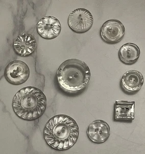 Vintage 12 Czech Clear Depression Crystal Glass Crafting Buttons 107-21 - Picture 1 of 13