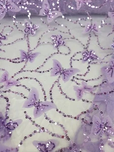 3D Butterfly Design Embroidery Sequins Lavender Mesh 3d Lace Sold By Yard Dress - Picture 1 of 10