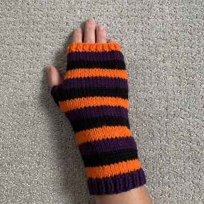 Handmade Hand Knit Halloween Orange Purple Acrylic Hand Warmer Fingerless Gloves - Image 1 of 4