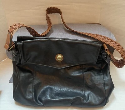 VINTAGE CAPEZIO BLACK LEATHER  BAG W/ Side Drawstrings-WOVEN SHOULDER STRAP - Image 1 of 4
