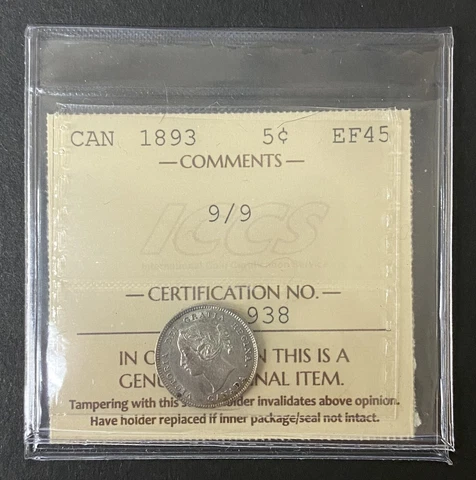 1893 9/9 Extra Fine EF45 ICCS Certified 5 Cent Queen Victoria Silver Coin SCARCE Cover