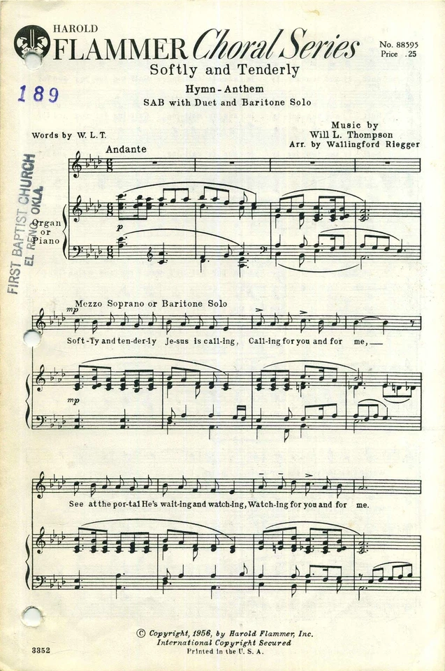 Softly and Tenderly SAB Sheet Music with Duet, Baritone Solo and Piano Accompa.. - Image 1 of 1