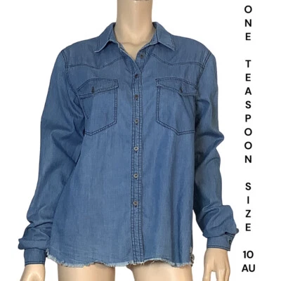 🌻ONE TEASPOON  BLUE DENIM BUTTON UP COTTON SHIRT SIZE 10 Foto 1 de 4