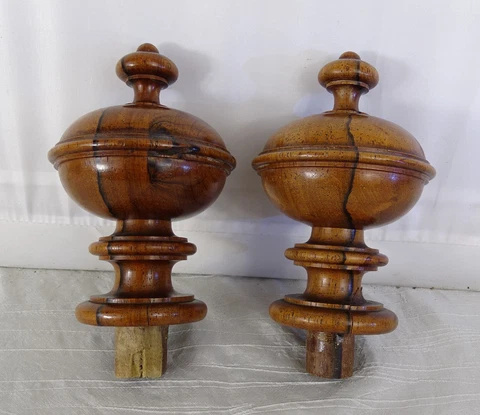4.7" Antique French Walnut Wood Finials Pair - Newel Post Finial Cover