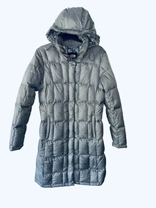 The North Face Metropolis Puffer Down Coat Hooded Long Parka Gray Silver Small - Picture 1 of 8