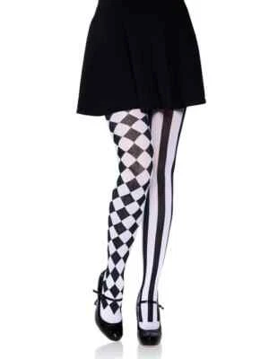 Harlequin Tights Nylon Opaque Jester Hosiery Black/White Adult One Size LA 7720 - Image 1 of 2