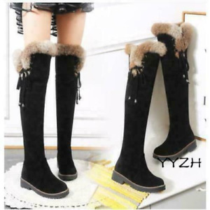 Winter Women's Faux Suede Over Knee High Boots Fur Trim Pull On Snow Warm Shoes