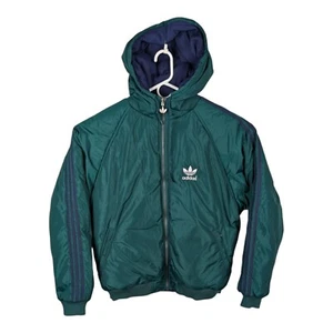 Vtg 90s Adidas Trefoil Reversible Green Blue Hooded Zip Puffer Jacket Men's XL - Picture 1 of 22