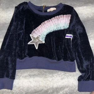Truly Me Kids Size 6 Navy Blue Velvet Sweater Rainbow & Star Long Sleeve Zipper - Picture 1 of 7