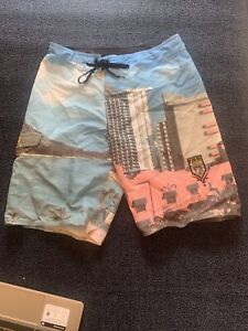 Analog Men's All Over Swim Trunks Quick Dry Beach City Shorts Size 32 Rare