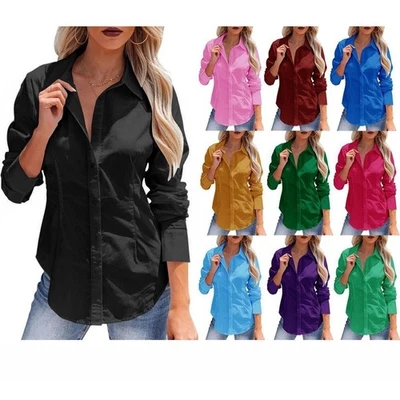 Women Button Down Shirt Cotton Long Sleeve Dress Collared Work Office Blouse Top - Image 1 of 4