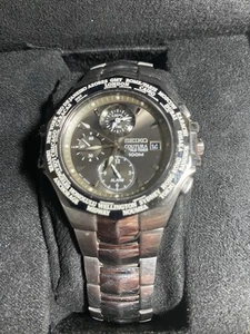 SEIKO Men Coutura World Timer 100M Chrono Watch 5T82 Black Dial S/S Beauty + Box - Picture 1 of 14