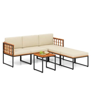 6 PCS Acacia Wood Patio Furniture Set Outdoor Sectional Conversation Sofa Set - Picture 1 of 10