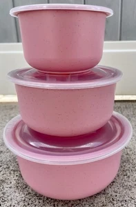 Wheat Straw Bowl Set of 3 Unbreakable Plastic Dishes Microwave Safe W/ Lids Pink - Picture 1 of 10