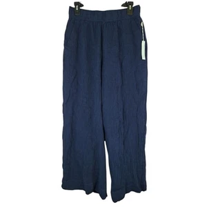 Tahari Leinenhose Gr. M weites Bein Crop marine Struktur Leinen Gummibund gefüttert - Bild 1 von 10