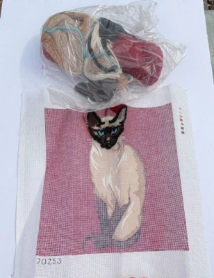 Vintage Needlepoint Canvas Pattern Siamese Cat Unfinished With Wool 11.5 x 11.5 - Image 1 of 4