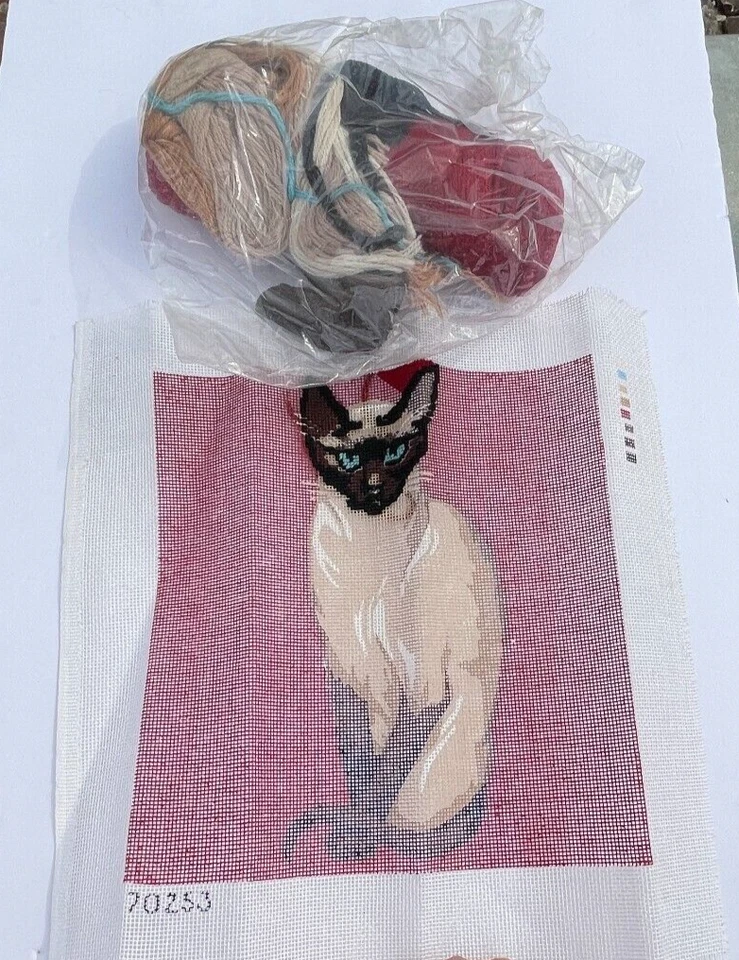 Vintage Needlepoint Canvas Pattern Siamese Cat Unfinished With Wool 11.5 x 11.5 - Image 1 of 4