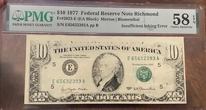 1977 $10 FEDERAL RESERVE NOTE PMG 58EPQ INSUFFICIENT INKING ERROR - Picture 1 of 2