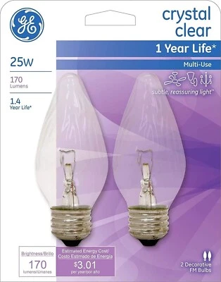 GE 75337 2 Pack 25 Watt Crystal Clear Faceted Flame Shape Candelabra Light Bulbs - Image 1 of 4