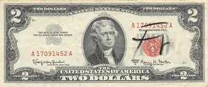 USA  $2  Series of 1963 A  Block A  Red Seal  Circulated Banknote  RR3 - Picture 1 of 2