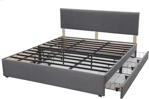 King Size Grey Fabric Upholstered Headboard Platform Bed with 4 Storage Drawers - Picture 1 of 6