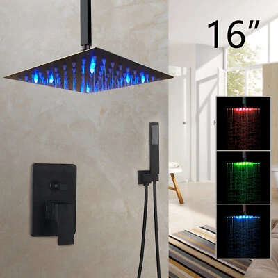 Grifo de ducha LED de 16" cabezal de lluvia rociador manual mezclador válvula grifos juego negro Foto 1 de 4