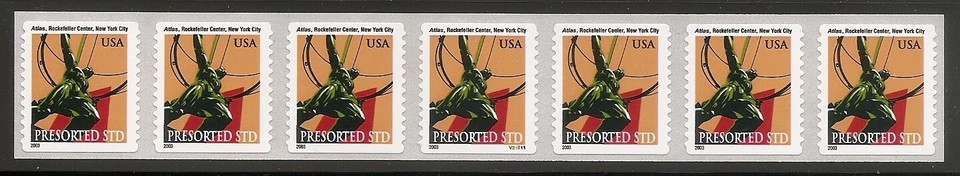 US Scott 3770 (10c) Atlas Statue PNC strip of 7, plate number V21211 - Image 1 of 1